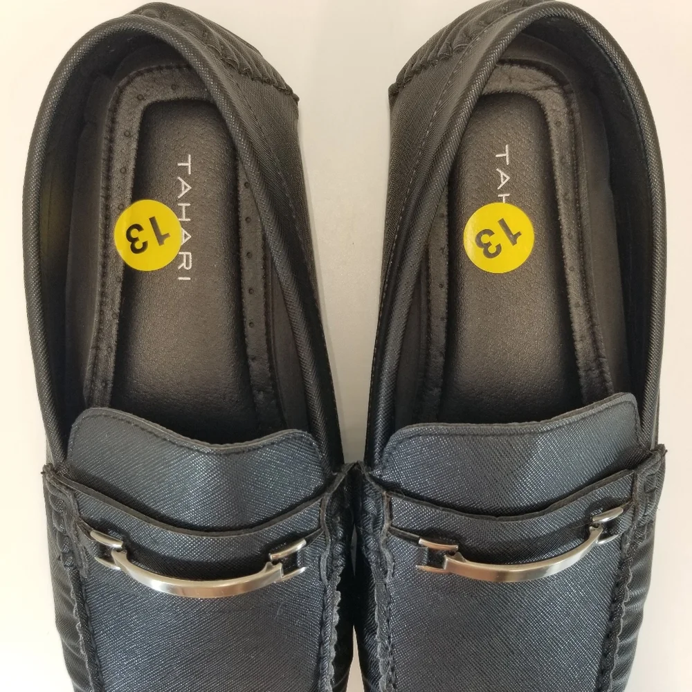 Tahari Dame Mens Size 13 Black PU Upper Rubber Sole Loafer Moc Toe Slip On